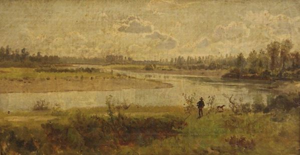 Scuola Italiana, sec. XIX CACCIATORE LUNGO IL FIUME olio su tela, cm 29x55