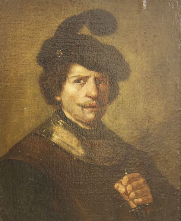 Scuola Francese, sec. XVIII RITRATTO DI UOMO CON CAPPELLO olio su tela, cm 60x47
