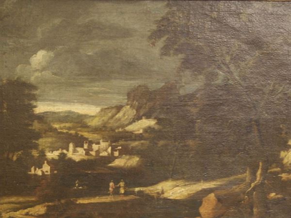 Scuola Italiana, sec. XVIII PAESAGGIO olio su tela, cm 70x95 presenta restauri