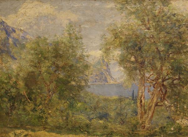Ugo Mazzolari VEDUTA DEL LAGO olio su tela, cm 65x90  - Asta Arredi e Oggetti d'Arte, Mobili e Dipinti Antichi - Poggio Bracciolini Casa d'Aste