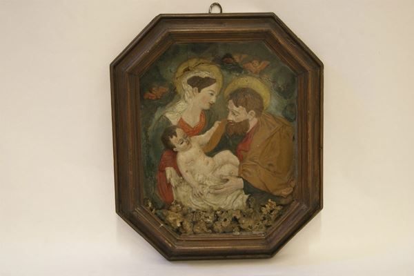 Altorilievo, sec. XVIII, in cera policroma, Sacra Famiglia, cm 45x34