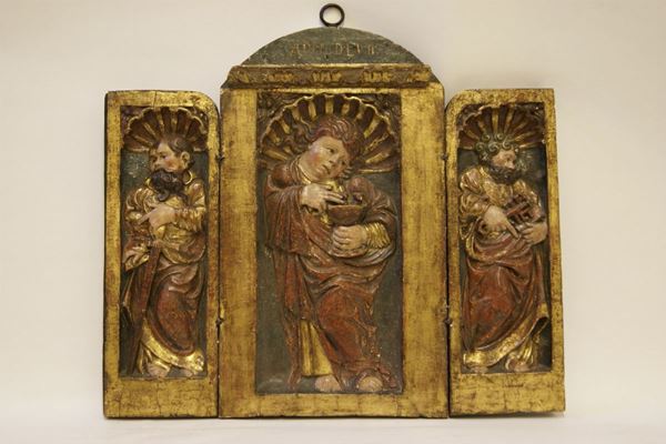 Trittico, Nord Italia sec. XVII, Santi, in legno policromo, cm 66x62