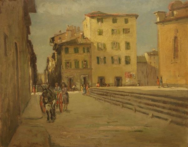 Gino Paolo Gori ( Firenze 1911-1991 ) VIA DEL PRESTO DI SAN MARTINO A FIRENZE olio su cartone, cm 61.5x78.5