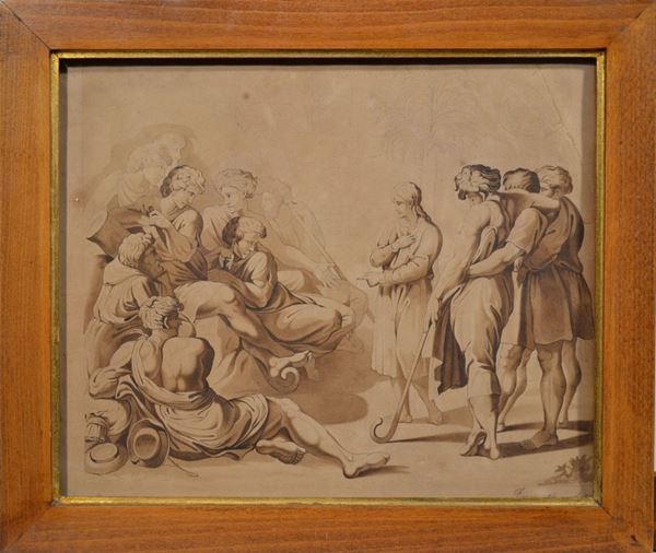 Scuola francese, sec. XIX SCENA BIBLICA matita e inchiostro bruno acquerellato su carta, cm 25x30 restauri firmato Fanny e datato 16 avril 1859