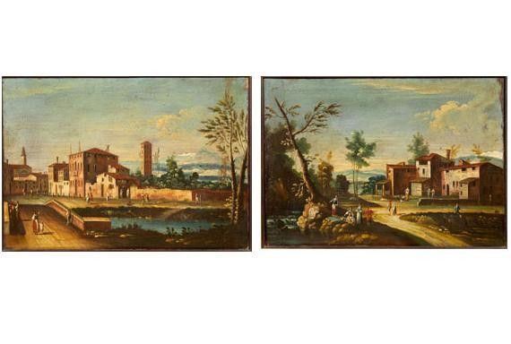 Maniera della pittura veneziana del Settecento VEDUTA CON PONTE E FIGURE PAESAGGIO CON VIANDANTI E RUSCELLO coppia di dipinti ad olio su tela, cm 40,5x57,5 ciascuno