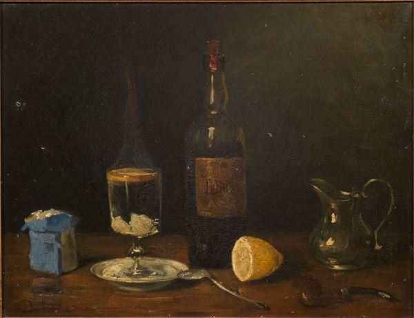 Scuola francese sec. XIX NATURA MORTA CON BOTTIGLIE E LIMONE olio su tela, cm 43x55 indistintamente firmato