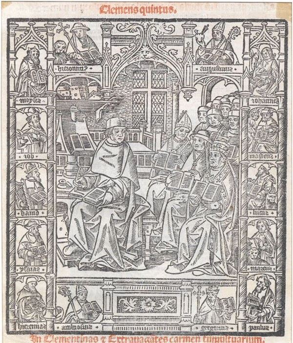 Scuola tedesca, fine sec. XV PAPA CLEMENTE V IN CONCILIO xilografia su carta, cm 17x14,5