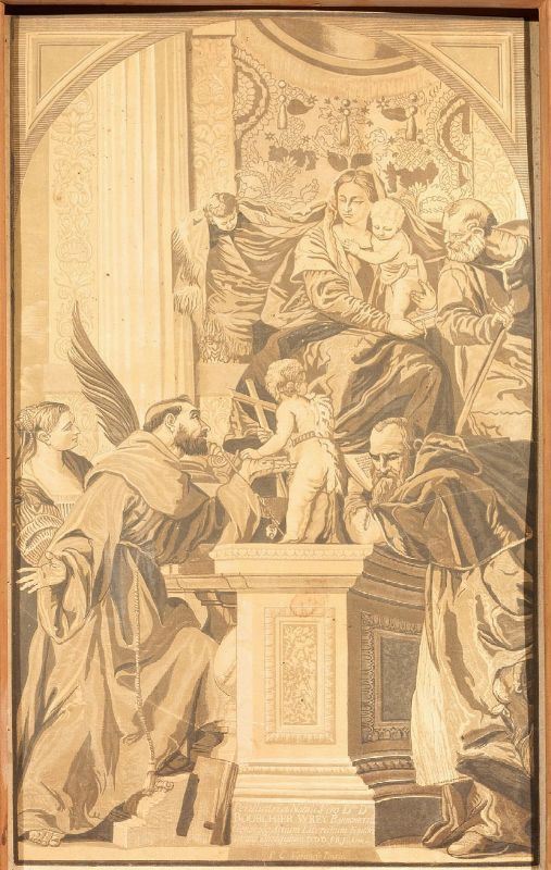J.B. Jackson, sec. XIX MADONNA IN TRONO COL BAMBINO E SANTI xilografia acquerellata a monocromo, cm 59x38, entro cornice in cartone decorata a motivi vegetali da un dipinto di Paolo Veronese