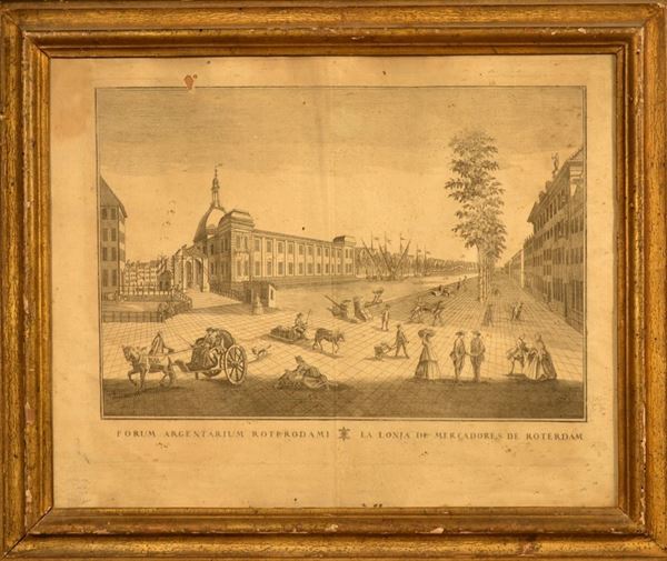 Acquaforte sec. XVIII, raffigurante il forum Argentarius di Rotterdam, cm 39x48,5, danni