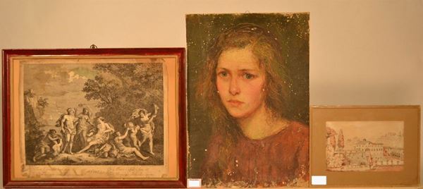 Scuola italiana, sec. XX a) RITRATTO DI GIOVINETTA,olio su cartoncino, cm 46x32, senza cornice cadute di colore b) PAESAGGIO CON ALBERI,olio su tavoletta, cm 23x17 c) SCORCIO DI FORTEZZA,china su carta, cm 13x20 Fabio Berardi (Siena 1728  Venezia 1788) ARIANNA acquaforte, cm 32,5x44,5,danni,da dipinto di Francesco Zuccarelli (4)