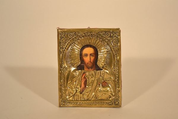 Icona raffigurante 'Cristo Pantocratore',  entro riza in argento e sbalzato, fine sec. XIX, cm 18x14