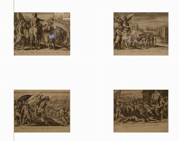 Quattro incisioni di Jacques Callot, sec. XVIII MILITARI cm 20x30 entro cornice
