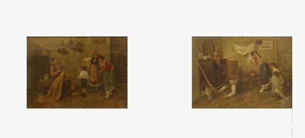 Coppia di dipinti, sec. XIX SCENE INTERNE olio su tavoletta, cm 30x40 firmati