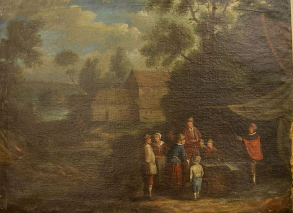 Scuola italiana, sec. XVIII SCENA DI MERCATO olio su tela, cm 56x42 cornice danneggiata