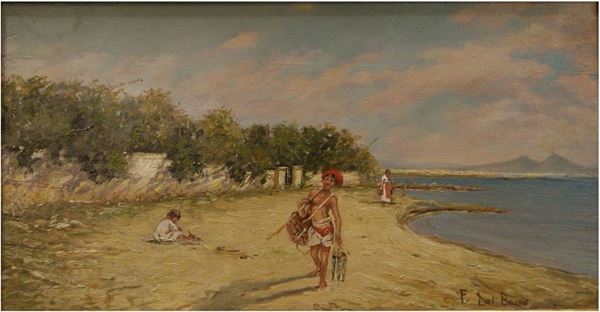 Ferdinando Del Basso(1897-1971) SPIAGGIA CON VESUVIO SULLO SFONDO olio su tavola, cm 34x18
