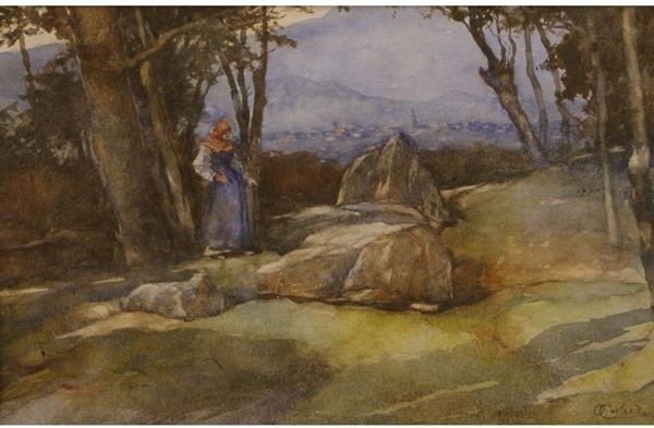 Onorato Carlandi (Roma 1848 â€“ 1939) PAESAGGIO CON FIGURA acquerello su cartone, cm 23x15