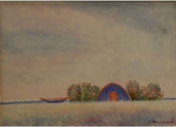 Giovanni Omiccioli (1901-1975) CAPANNA FRA I CESPUGLI  tecnica mista su cartone, cm 50x35  - Asta Decorazione di interni - Poggio Bracciolini Casa d'Aste