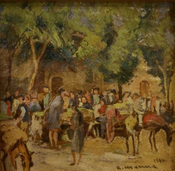 Rodolfo Marma  (Firenze 1923 - 1998) MERCATO DI S. SPIRITO olio su cartone, cm 11x11  - Asta Decorazione di interni - Poggio Bracciolini Casa d'Aste