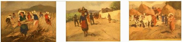 Carlo Domenici (Livorno 1898 - 1981) SCENE DI VITA CAMPESTRE olio su tavoletta, cm 30x28 ciascuno (3)