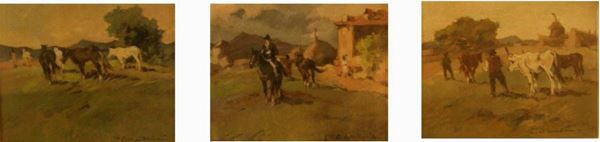 Carlo Domenici (Livorno 1898 - 1981) PAESAGGI CON CAVALLI E BUOI olio su tavoletta, cm 30x28 ciascuno (3)