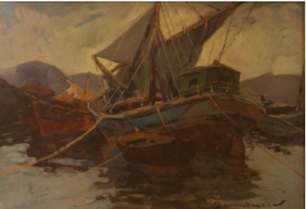 Carlo Domenici (Livorno 1898 - 1981) VELIERI ALL'ORMEGGIO AL CREPUSCOLO olio su compensato, cm 50x35