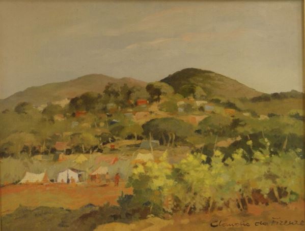 Claudio da Firenze(Firenze 1943) CAMPEGGIO olio su tavola, cm 45x35