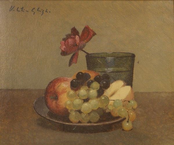 Valentino Ghiglia(1903 - 1960) NATURA MORTA CON FRUTTA olio su cartone, cm 36x30