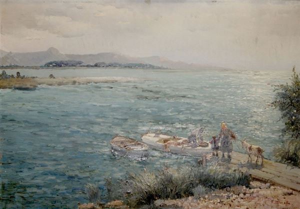 Federico Morello (1885-1945) RITORNO ALLA PESCA olio su tela, cm 100x70