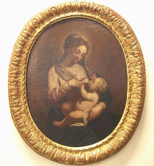 Scuola italiana, sec. XVII MADONNA CON BAMBINO olio su tavola ovale, cm 53x70