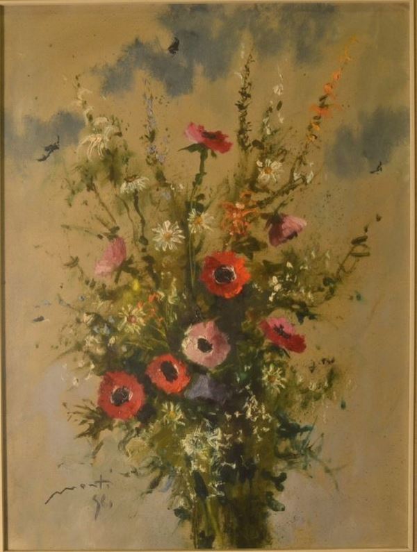 Cesarino Monti (1916-1979) FIORI olio su tela, cm 58x78 firmato