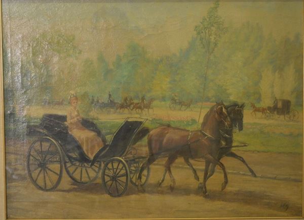 Scuola italiana, sec.XIX DONNA IN CARROZZA olio su tela, cm 46x62 firma apocrifa