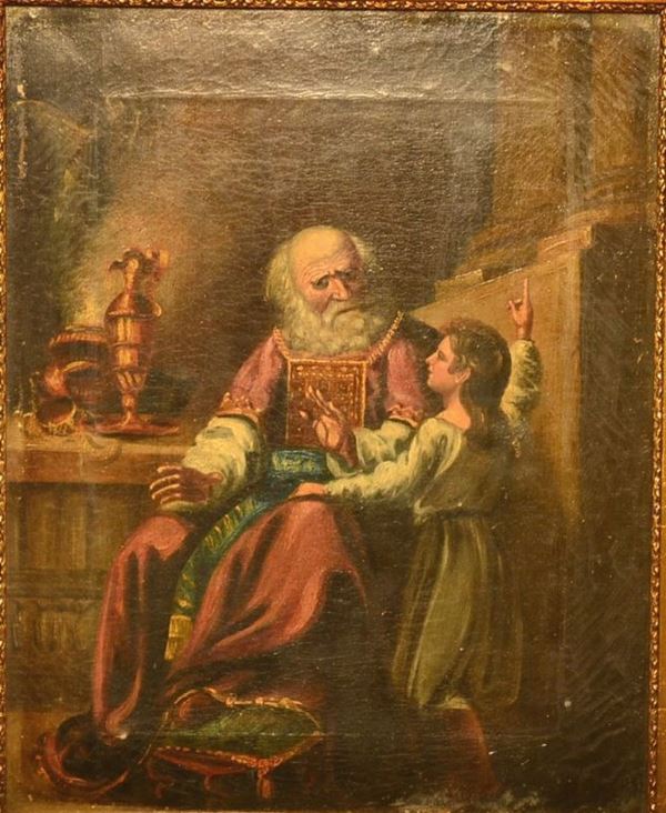 Scuola francese, sec.XIX VECCHIO CON BAMBINO olio su tela, cm 37x30