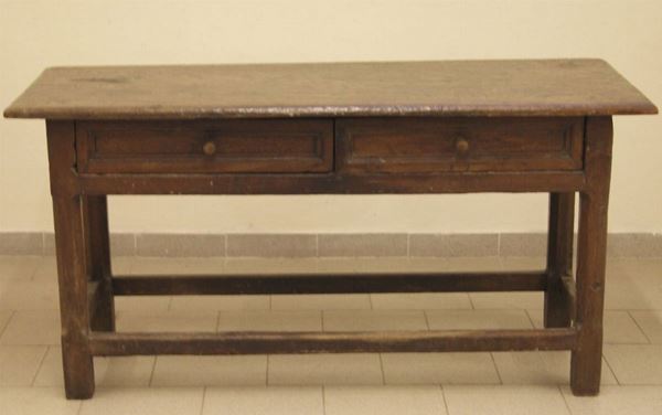 Tavolo da lavoro, Italia centrale, sec. XIX, in castagno a due cassetti, cm 152x62x75