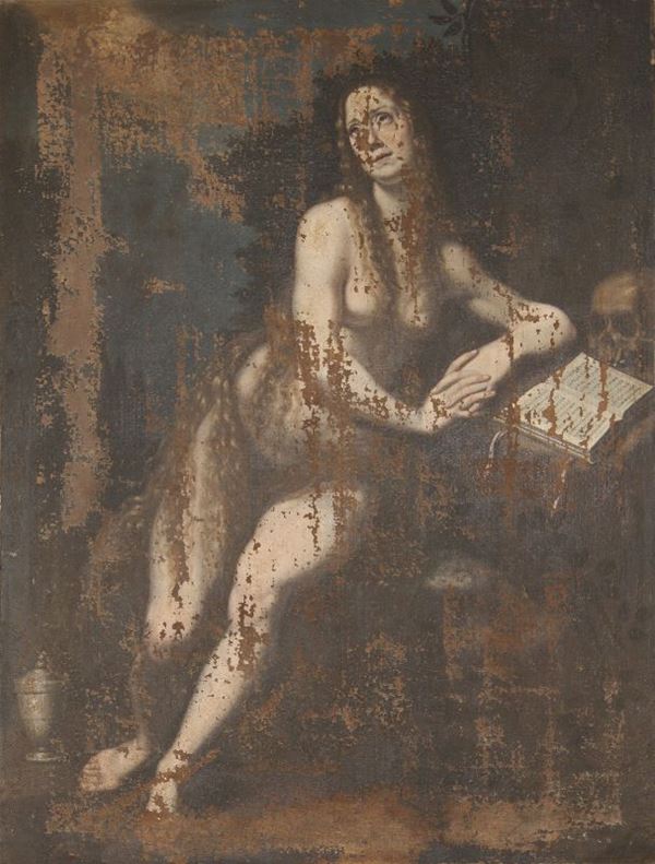 Scuola italiana, sec. XVIII NUDO DI DONNA CON TESCHIO olio su tela, cm 117x87 difetti