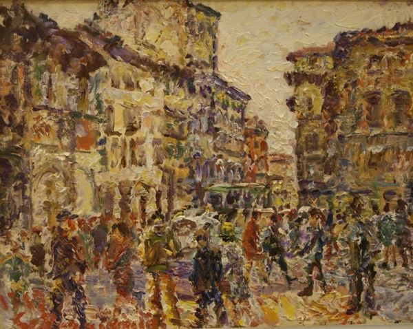 Guido Borgianni (New York 1915-Firenze 2011) MERCATO CON FIGURE olio su tela, cm 39x29