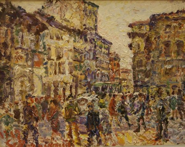 Guido Borgianni (New York 1915-Firenze 2011) MERCATO CON FIGURE olio su tela, cm 39x29