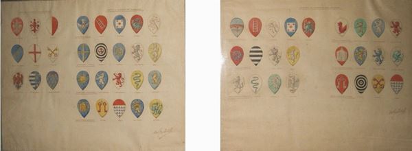 Coppia di quadri, sec. XX, contenenti disegni acquerellati su carta, raffiguranti insegne e stemmi fiorentini, cm 52x42 (2)