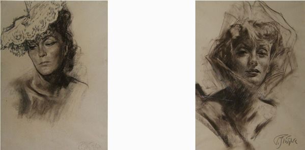 Paolo Ghiglia (Firenze, 1905- Roma, 1979) VOLTI FEMMINILI coppia di carboncini su carta, cm 33x47  (2)