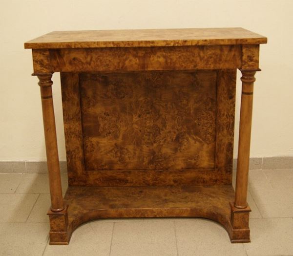 Console, stile biedermeier, con colonne e sottopiano sagomato, cm 95x48x93