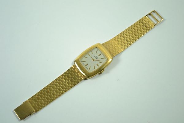 Orologio da polso Jedermann in oro giallo, cassa rettangolare e bracciale a maglia in oro, gr.63