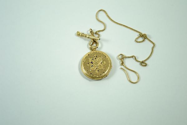 Orologio da taschino in oro giallo con  catena, da riparare, gr. 23