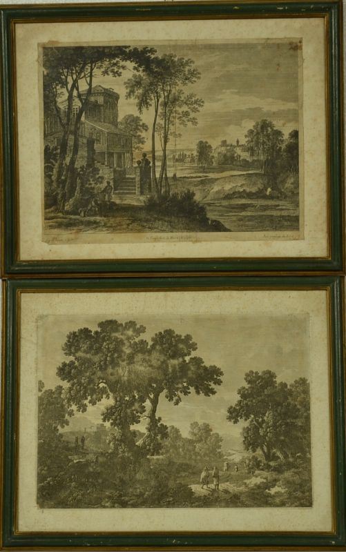 Scuola francese, sec. XVIII PAESAGGIO FLUVIALE CON ARCHITETTURE E FIGURE  PAESAGGIO BOSCHIVO CON VIANDANTI   coppia di incisioni, cm 24x31 e cm 22,8x31,7 margini rifilati e abrasioni  (2)