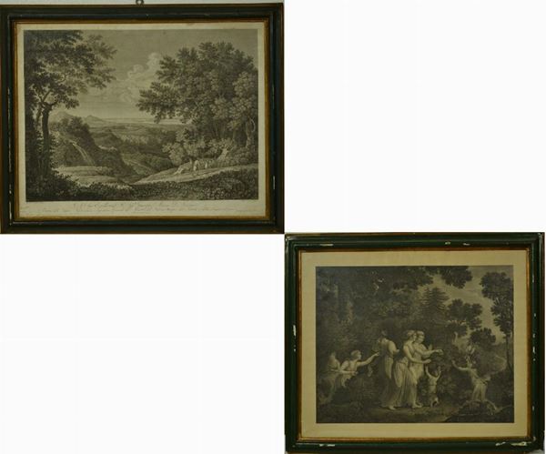 Coppia di incisioni>br>a) Pietro Parboni (Roma, prima metÃ  secolo XIX) PAESAGGIO CLASSICO cm 49x62  da Poussin  b)Scuola sec. XVIII GIOCHI DI NINFE cm 54x42,5  alcune fioriture su entrambe  (2)
