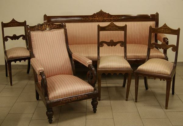 Divano, poltrona e tre sedie, Toscana, sec. XIX, in noce intarsiato, imbottito e ricoperto in stoffa a righe, misure divano cm192x60x104, difetti (5)