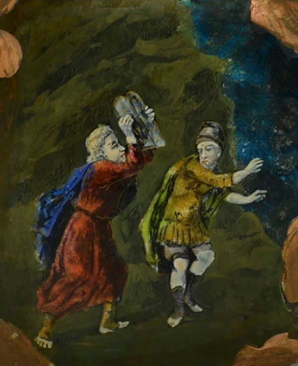 Placchetta, sec. XVII, in smalti policromi su rame raffiguranti MosÃ¨ e i Dieci  Comandamenti, cm 14x11, danni