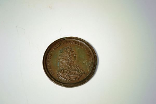 Medaglia commemorativa, sec. XIX, opera di M. Soldani Bensi, in galvanica,sul recto profilo di Francesco Redi con iscrizione, sul verso scena  allegorica, cm 8,7