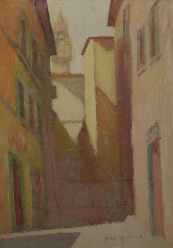 Dino Migliorini (Rignano sull'Arno 1907- Firenze 2005) VICOLO FIORENTINO olio su masonite, cm 70x50 entro cornice