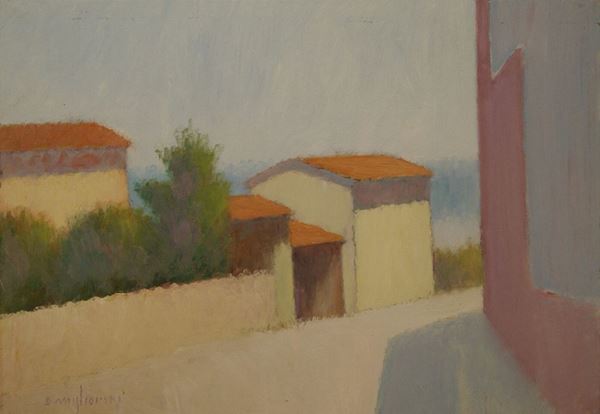 Dino Migliorini (Rignano sull'Arno 1907- Firenze 2005) PERIFERIA DI FIRENZE olio su masonite, cm 70x50 entro cornice