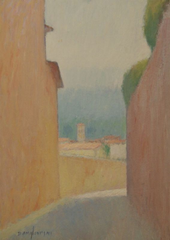 Dino Migliorini (Rignano sull'Arno 1907- Firenze 2005) VICOLO CON PAESAGGIO olio su masonite, cm 70x50 in cornice