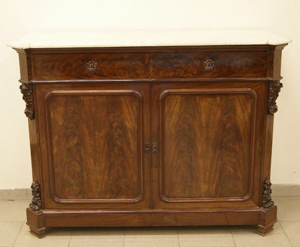 Credenza, Italia meridionale, sec. XIX, in mogano, a due sportelli, due cassetti, piano in marmo, cm 146x58x108